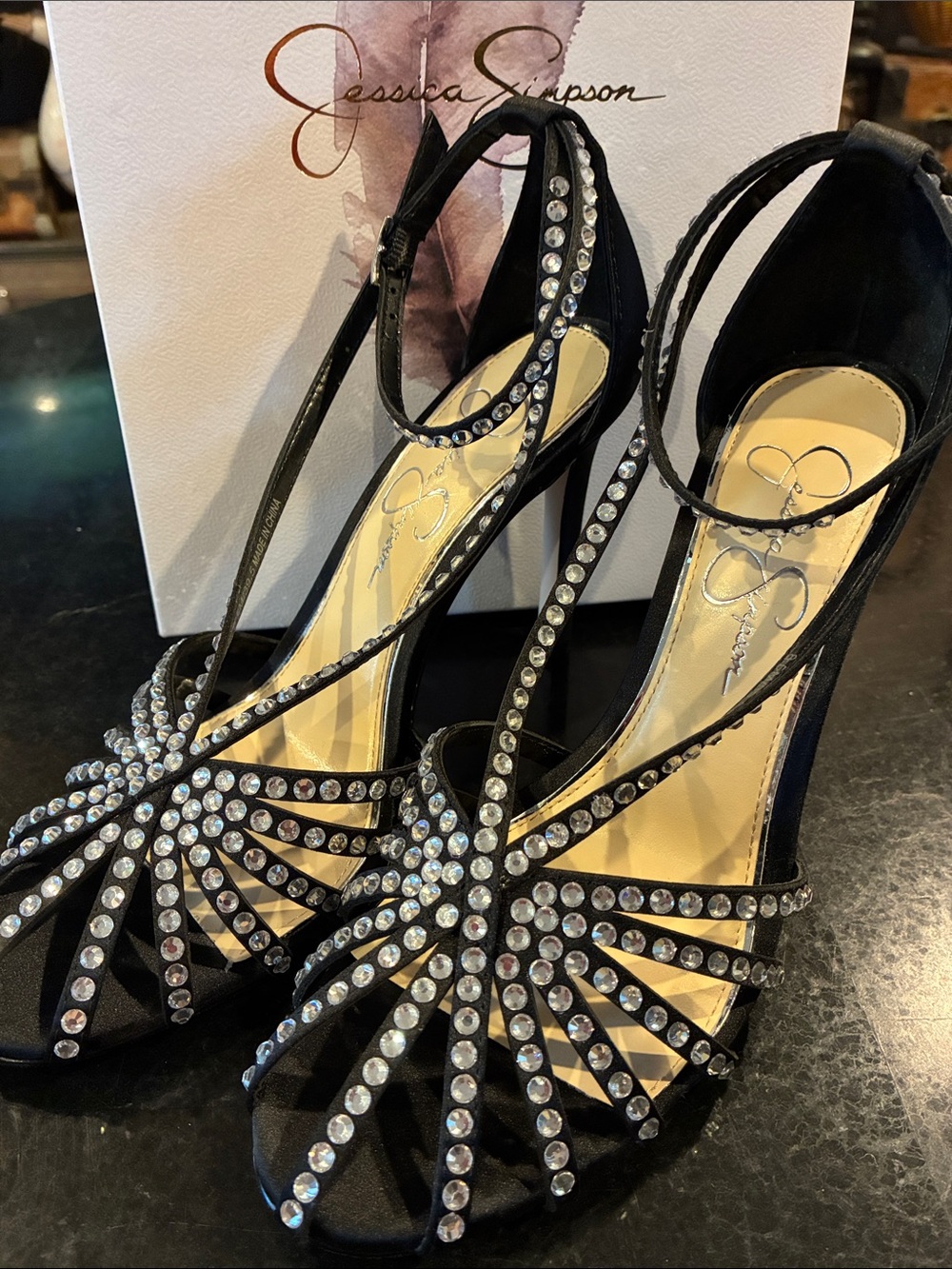 Jessica Simpson Black Rhinestone Strappy Stiletto Sandals